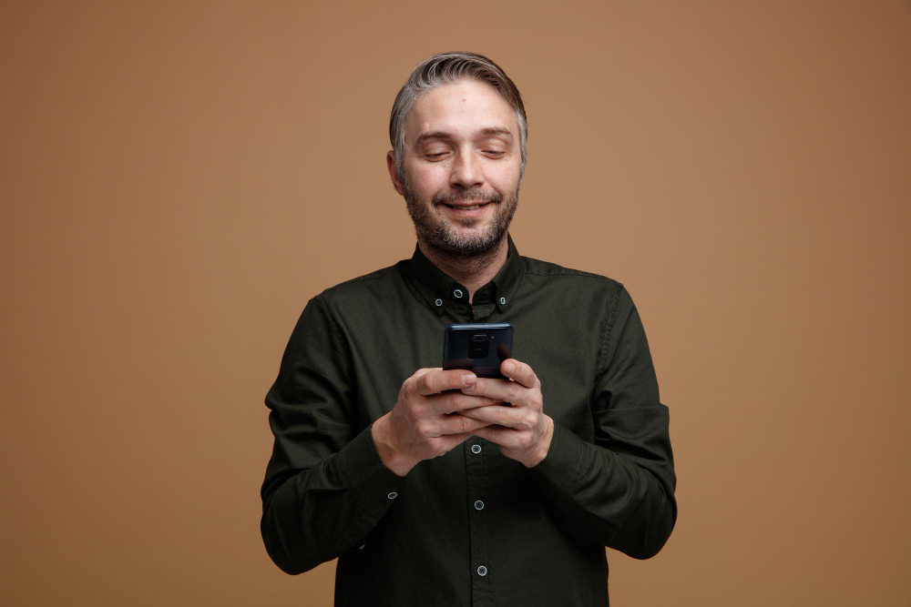 Homem branco de cabelos grisalhos e barba, com semblante feliz olhando para o celular. Simboliza uma pessoa feliz com a praticidade do sistema de gestão financeira para igreja.